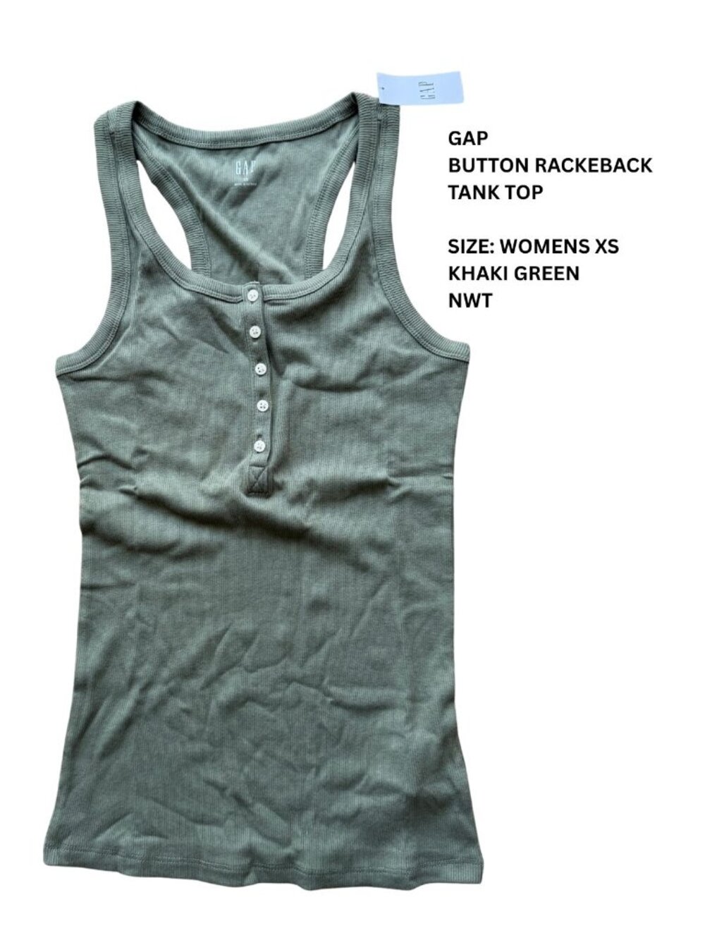 NWT Gap Ribbed Button Racerback Tank Top Khaki Green – Women's XS